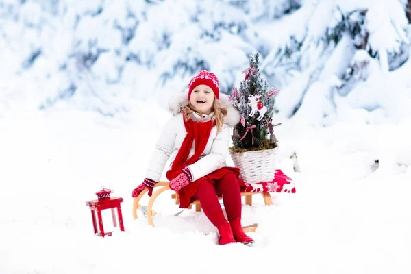 Children with Christmas tree. Snow winter fun for kids. — Stock Photo, Image