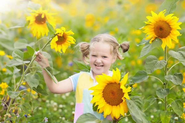 Дитина в соняшниковому полі. Діти з соняшниками . — стокове фото