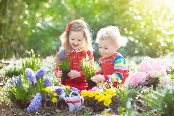 Kinderen planten en water bloemen in lentetuin — Stockfoto