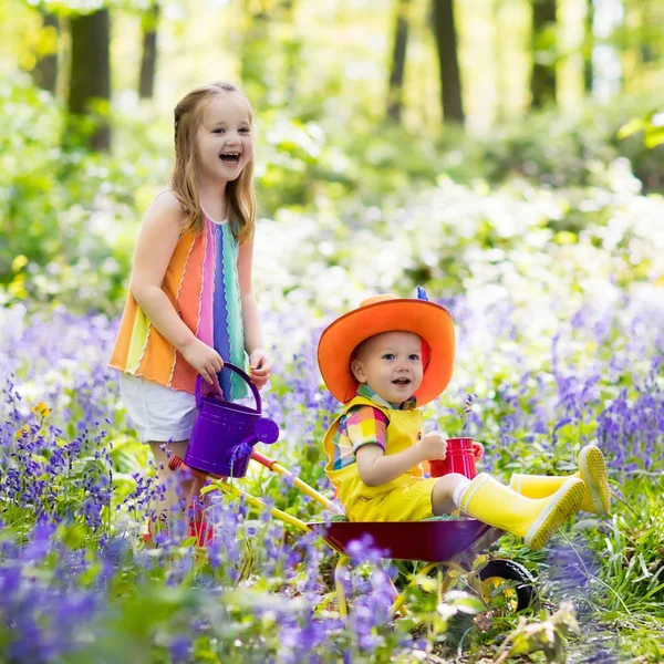 Kids with bluebell flowers, garden tools — Stock Photo, Image