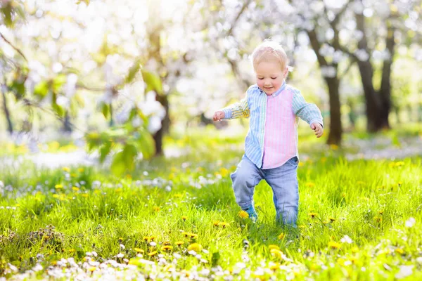 Enfant avec fleur de cerisier. Chasse aux œufs de Pâques . — Photo