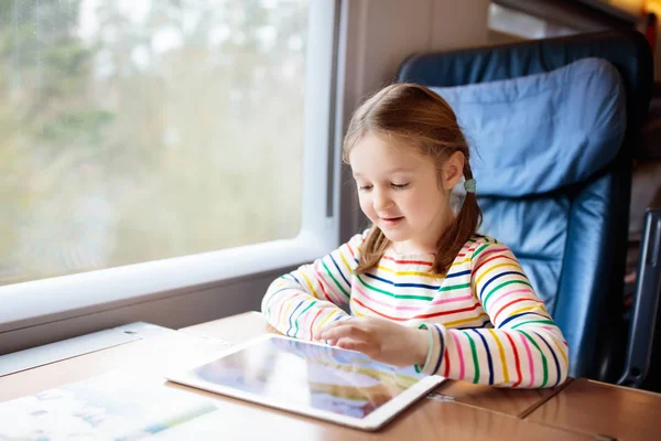 Kids travel by train. Railway trip with child. — Stock Photo, Image