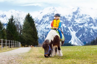 Midilli at binme çocuklar. Alp Dağları'nda atlı çocuk