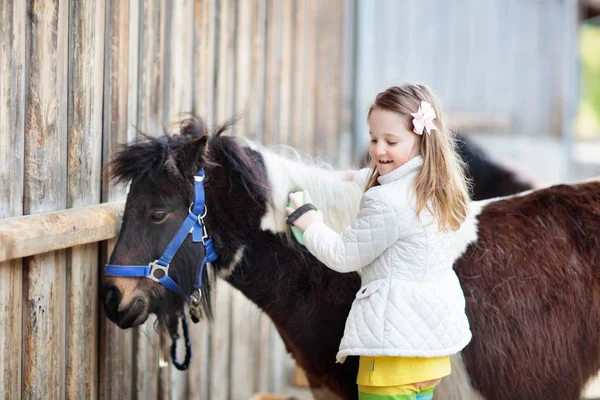 Kids riding pony. Child on horse in Alps mountains — Stock Photo, Image