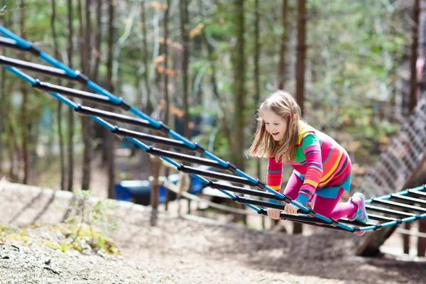 Child in adventure park. Kids climbing rope trail.