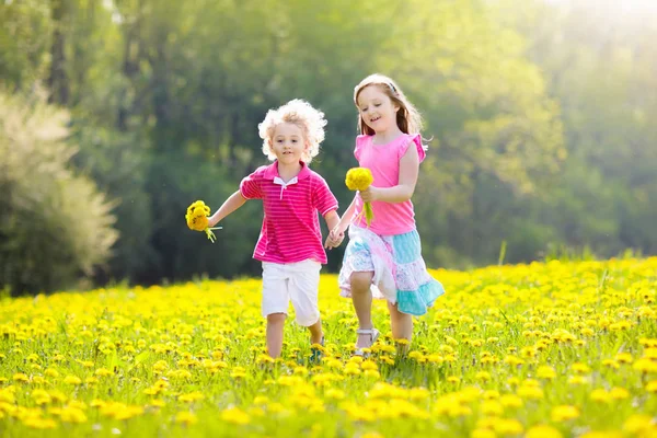 Los niños juegan. Niño en el campo de diente de león. Flor de verano — Foto de Stock