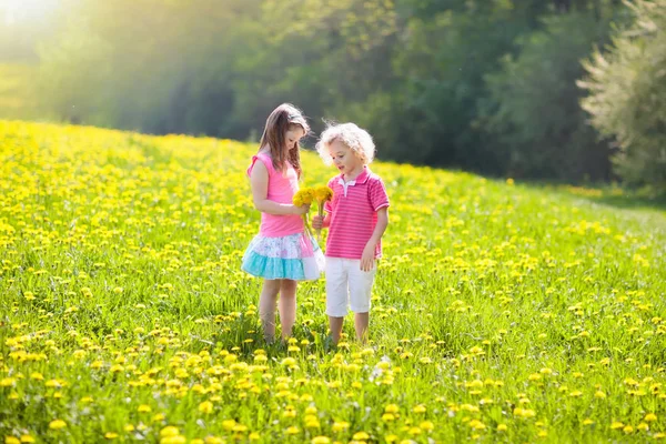 Barnen leker. Barn i maskros fält. Sommar blomma — Stockfoto