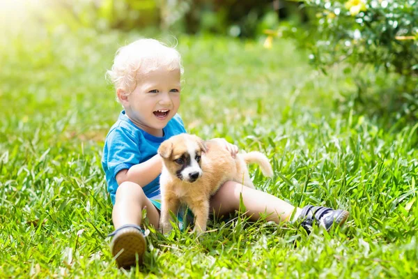 Los niños juegan con el cachorro. Niños y perros en el jardín . — Foto de Stock