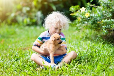 Kids sevimli küçük köpek yavrusu ile oynamak. Çocuk ve bebek köpekler güneşli yaz bahçede oynarken. Küçük kız holding yavru. Çocuk ile evde beslenen hayvan köpek. Aile ve park'ın bahçesinde evcil hayvan. Çocuk ve hayvan dostluk.