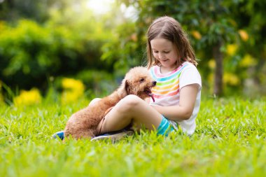 Çocuklar köpekle oynar. Çocuk ve köpek bahçe içinde.