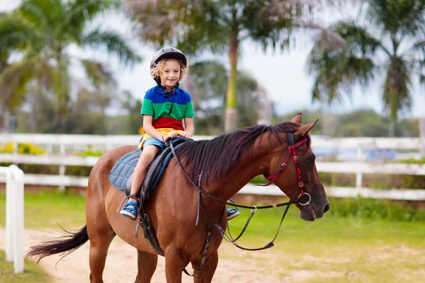 Kids ride horse. Child on pony. Horseback riding. — Stockfoto