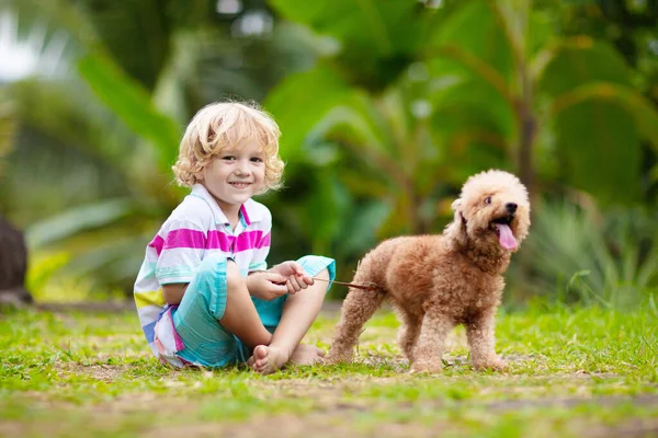 Les enfants jouent avec le chiot. Enfants et chien dans le jardin . — Photo