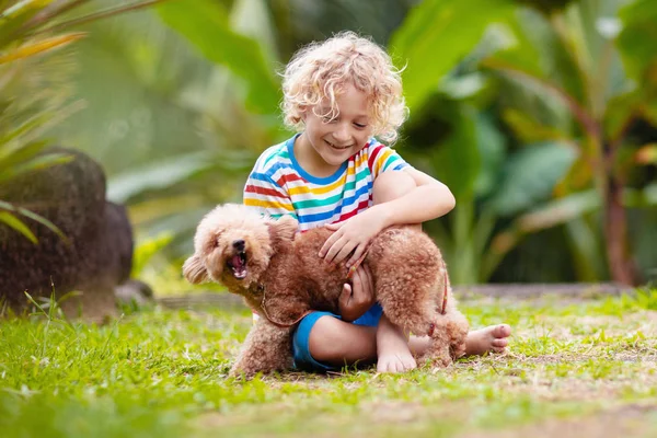 Çocuklar köpekle oynar. Çocuk ve köpek bahçe içinde. — Stok fotoğraf