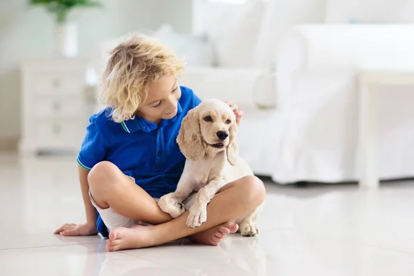 Child Playing Baby Dog Kids Play Puppy Little Boy American — Stock Photo, Image