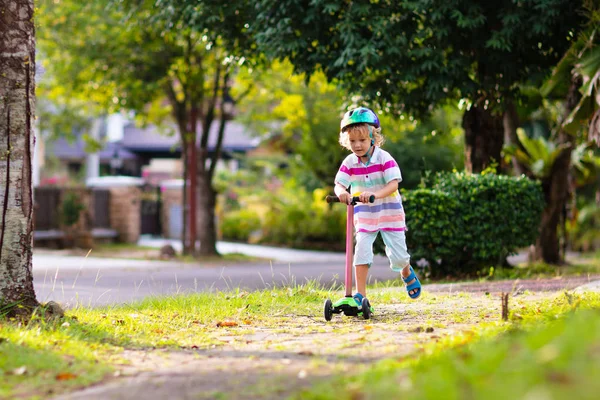 Little Boy Riding Scooter Kids Ride Kick Board Child Playing — Stock Photo, Image