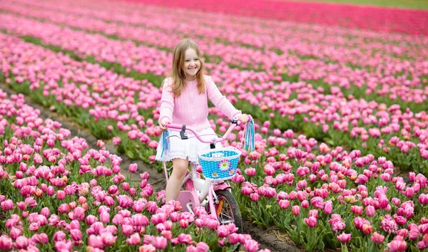 Bambino Bicicletta Nel Campo Fiori Tulipano Durante Vacanze Primaverili Famiglia — Foto Stock