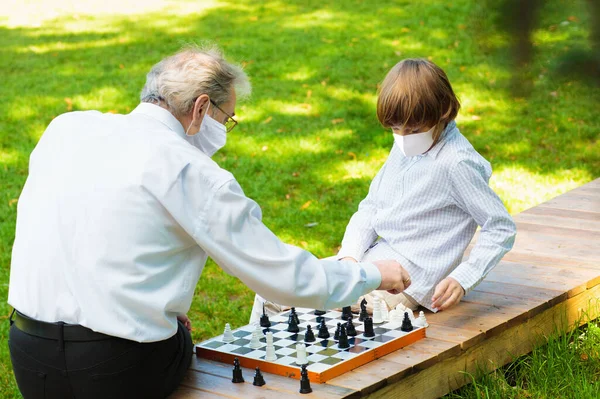 Boy Senior Man Wear Face Mask Virus Outbreak Aged Care — Stock Photo, Image