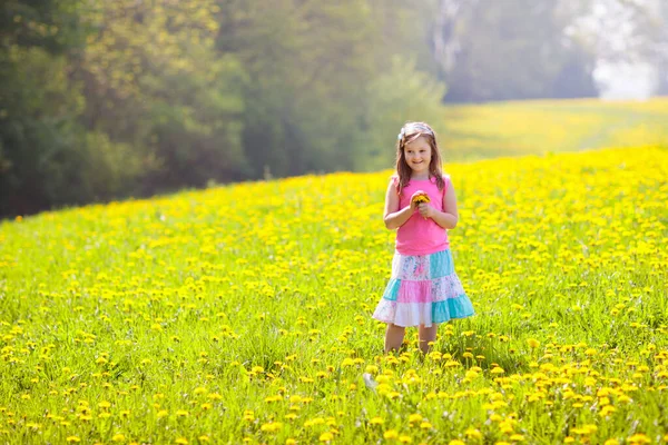 子供たちは 黄色のタンポポのフィールドで遊ぶ 夏の花をつんで子 春タンポポの草原で実行している小さな女の子 お子様は屋外プレイします 咲く公園内の子供します 自然とアウトドアの楽しい家族のため — ストック写真