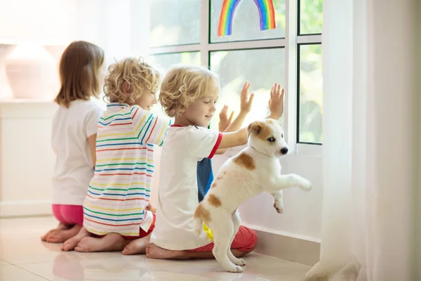 Coronavirus Quarantine Stay Home Kids Sitting Window Children Drawing Rainbow — Stock Photo, Image