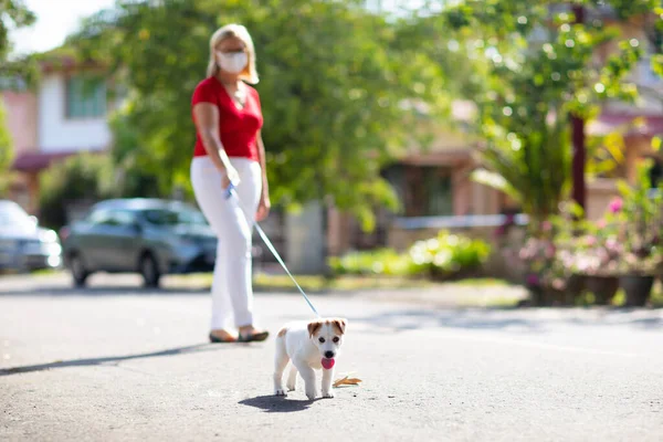 Family Walking Dog Virus Outbreak Woman Child Wearing Face Mask — Stock Photo, Image