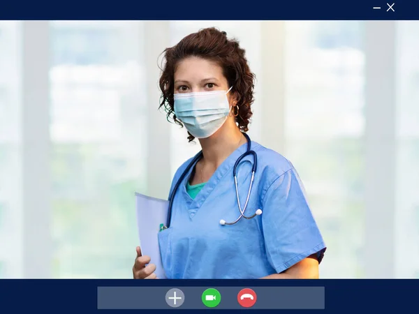 Βίντεο Συνομιλία Γιατρό Κατά Διάρκεια Καραντίνας Νοσοκομειακό Προσωπικό Απευθείας Σύνδεση — Φωτογραφία Αρχείου