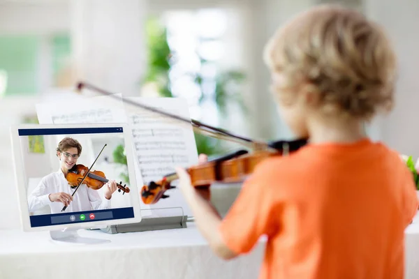 Bambino Che Suona Violino Imparare Distanza Casa Arti Bambini Ragazzino — Foto Stock