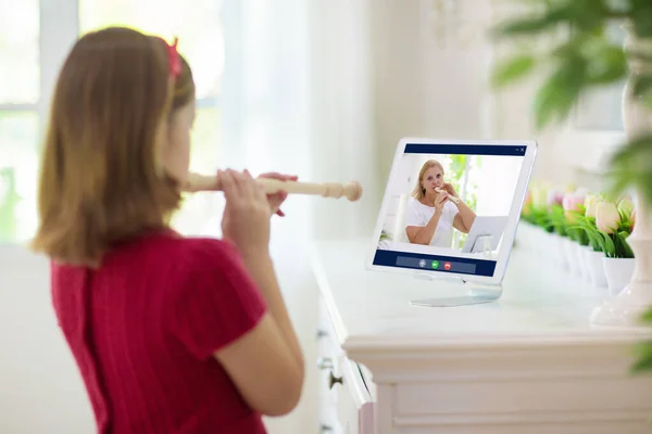 Child Playing Flute Remote Learning Home Arts Kid Little Girl — Stock Photo, Image