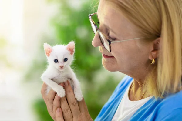 Vrouw Die Met Kitten Speelt Senior Vrouw Knuffelt Baby Kat — Stockfoto