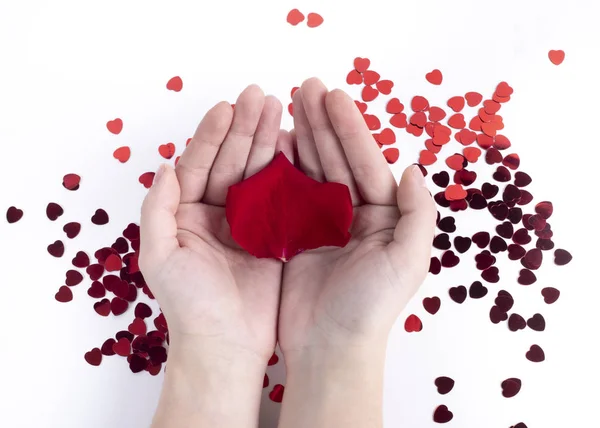 Manos Con Corazones Petalos — Stockfoto