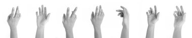 light skinned woman's hands on white background with different postures photos attached