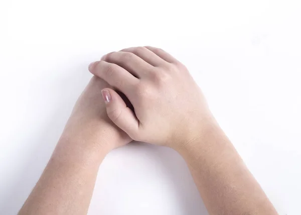 Легкі Шкірясті Руки Жінки Білому Тлі Різними Пози — стокове фото