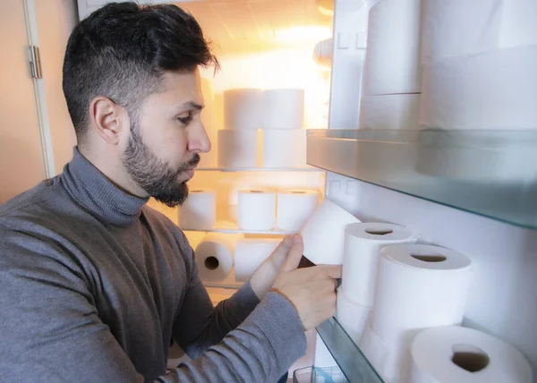 Coronavirus Pandemic Man Accumulates Toilet Paper Refrigerator Shelves Concept Human — Stock Photo, Image