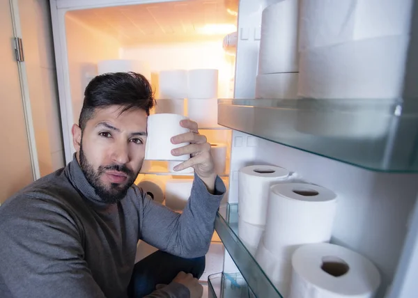 Coronavirus Pandemic Man Accumulates Toilet Paper Refrigerator Shelves Concept Human — Stock Photo, Image