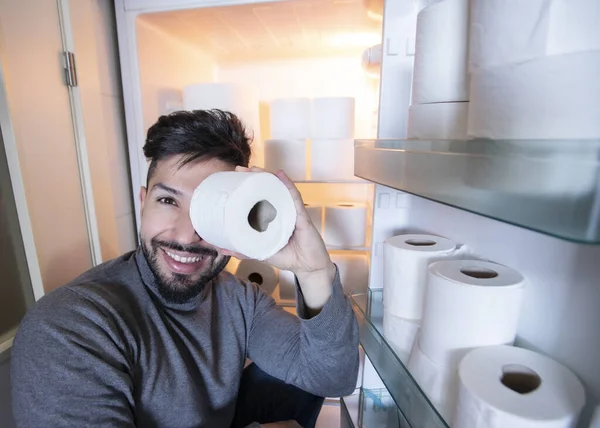 Coronavirus Pandemic Man Accumulates Toilet Paper Refrigerator Shelves Concept Human — Stock Photo, Image