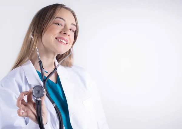Female Doctor Stethoscope Smiling Because Something Good Has Happened Gray — Stock Photo, Image