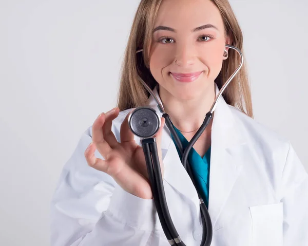 Female Doctor Stethoscope Happy Smiling Blonde White Background Healthcare Concept — Stock Photo, Image