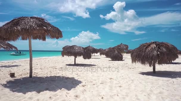 Paraplu's op het witte zandstrand strand van Cayo Largo, Cuba. — Stockvideo