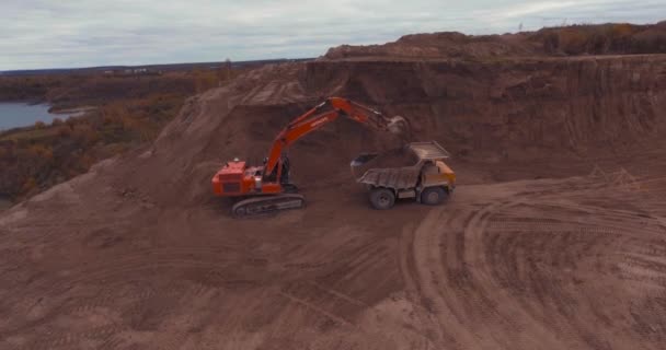 Flight to drone on sand quarry — Stock Video