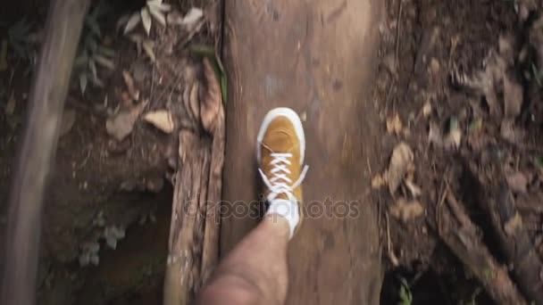 Hombre caminando sobre un puente de madera, vista desde arriba . — Vídeos de Stock