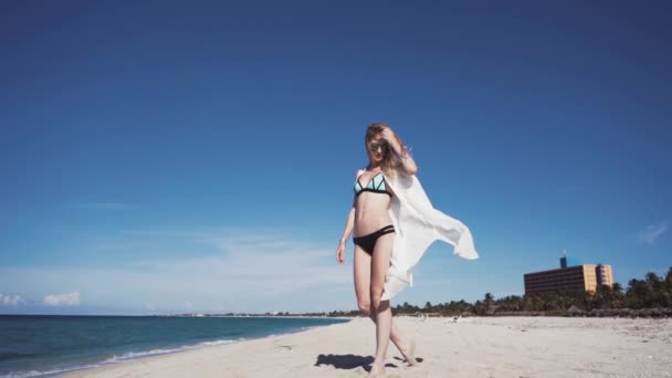 Mädchen, Strand, Meer, Wind im Haar — Stockvideo