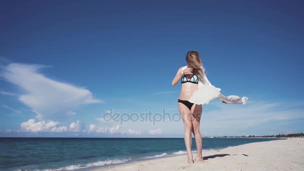 Девушка, пляж, море, ветер в волосах — стоковое видео