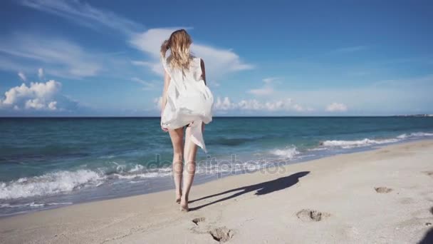 Chica, playa, mar, viento en tu pelo, chica en bikini caminando por la playa con arena — Vídeos de Stock