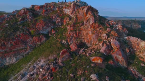 Shamanka aerial shot with quadrocopter Lake Baikal, summer dawn. — Stock Video