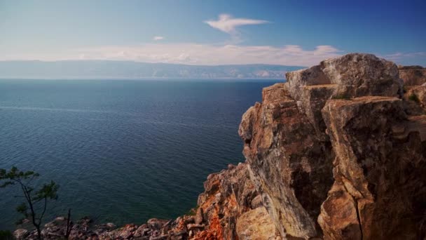 Shamanka Rock symbol of Baikal Lake near the village of Khuzhir at Olkhon Island, Russia. Nature landscape — стокове відео