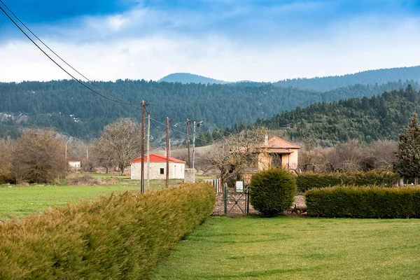 Byn hus på gröna fält och hedge — Stockfoto