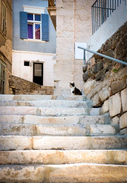 ギリシャ シロス島のメガス町の階段にある典型的な狭い通り — ストック写真
