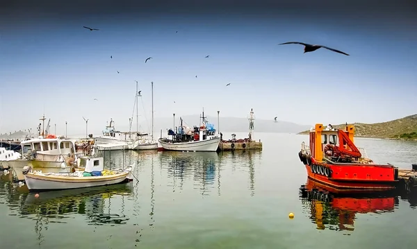 Bateaux de pêche avec reflets dans un petit port grec calme — Photo