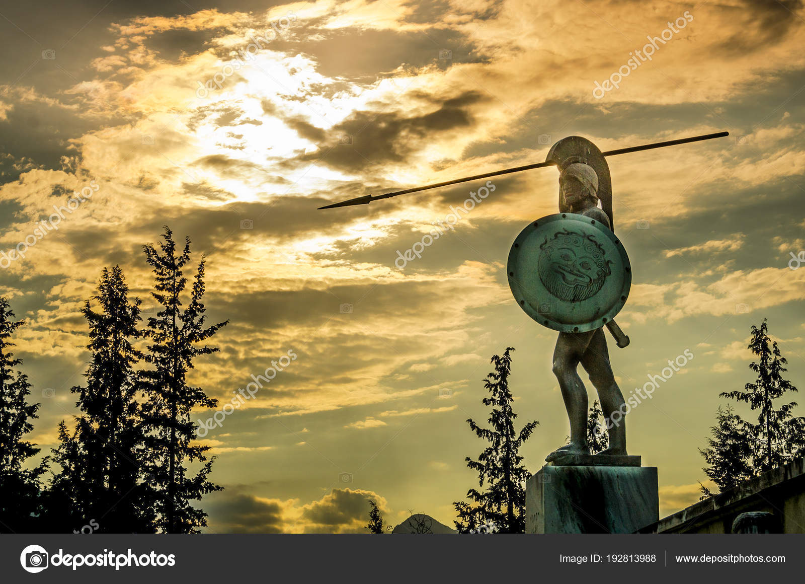 Leonidas Statue Dramatic Cloudscape Sunset Thermopylae Greece — Stock