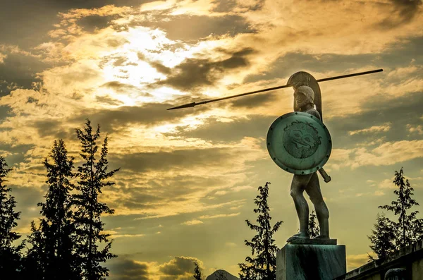 Leonidas Staty Dramatisk Molnlandskap Solnedgången Thermopyle Grekland — Stockfoto
