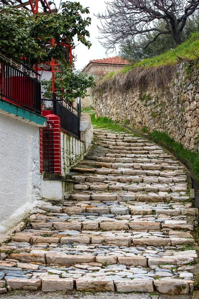 Dar taş sokak ve duvarları Milies köyü Pelion Dağı'nda. Yunanistan.